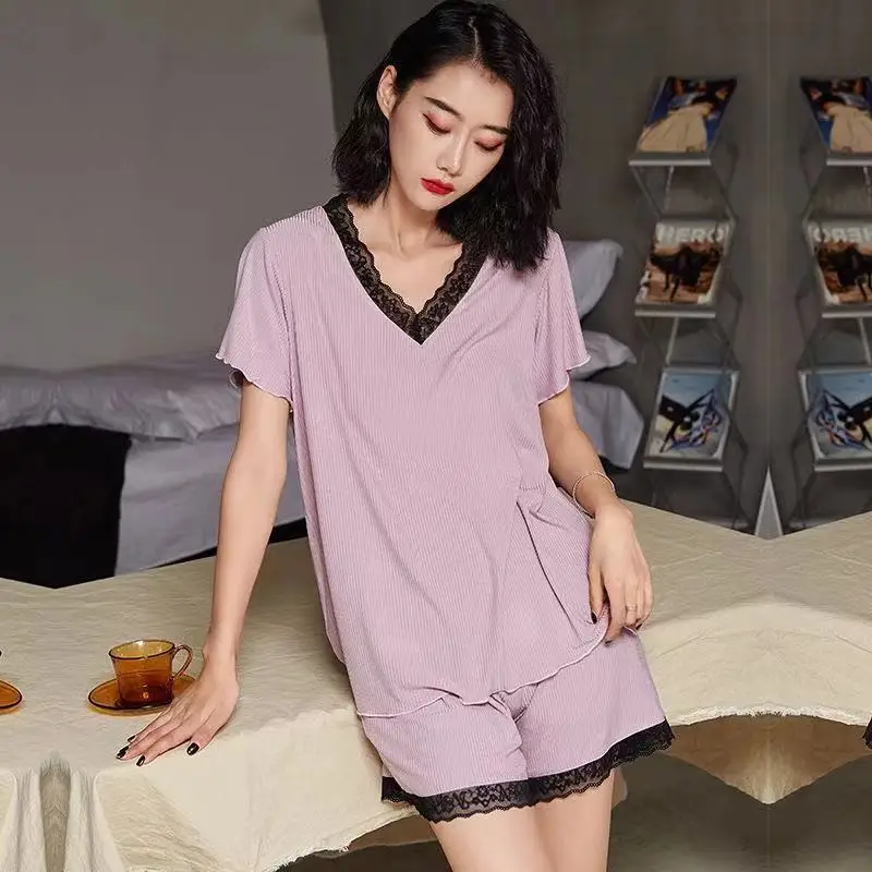 

Sexy Pajamas Sets Women Summer Modal Pyjamas Thin Loose Plus Size V-Neck Homewear Short-Sleeved Shorts Home Suit