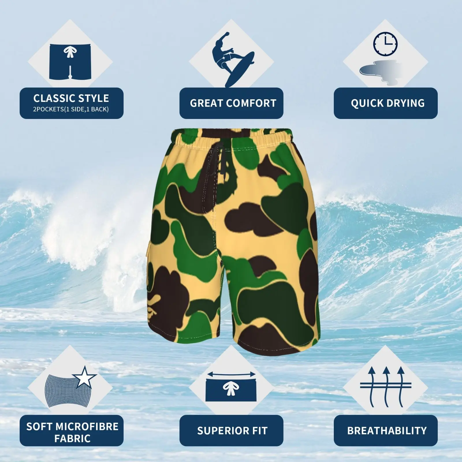 Пляжные шорты Армейский Зеленый Черный винтажный растительный животный