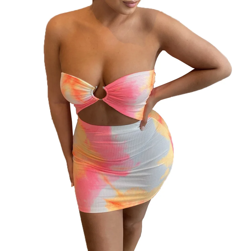 

Tie Dye Print Off Shoulder Bodycon Summer Dress Women Ruched Hollow Out Backless Club Party Mini Bandage Sexy Dress 2021