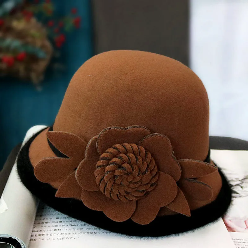 Новинка Зимняя женская шерстяная шапка с цветочным принтом шляпы-федоры