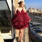 Вечернее праздничное Тюлевое платье, элегантное бордовое, Многоярусное, короткое, с глубоким V-образным вырезом, 2021