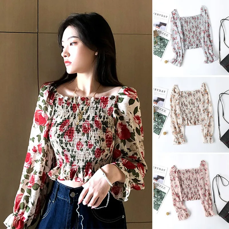 

Women Blouses Chiffon Shirt Square Collar Floral Blouse Trumpet Sleeves Pleated Waist Thin Wild Short Long Sleeve Top