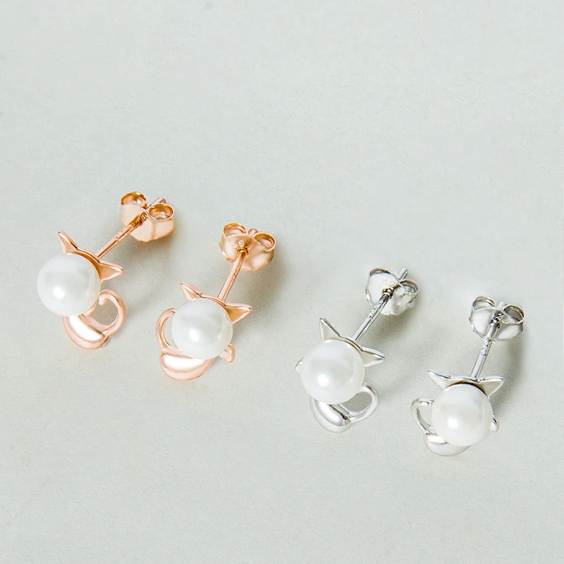 

Imitation Pearl Cute Cat Earrings with Bow Sterling Silver Studs for Girls Women Rose Gold Gift Cat Lover Teens Birthday Gift