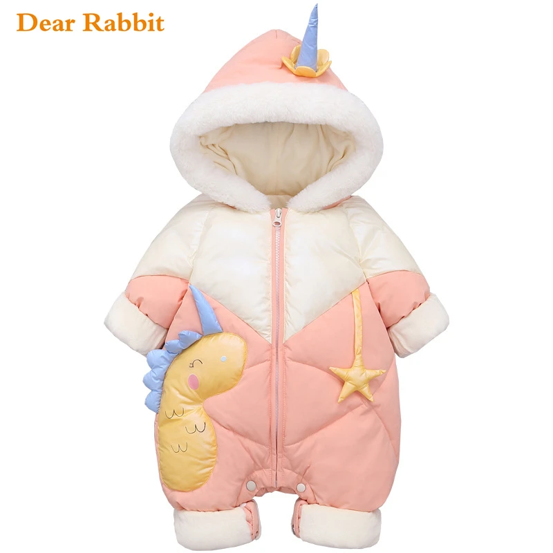 

2022 New born Velvet Winter Baby clothes Girl Romper Cartoon Dinosaur Boy Hooded Down Overall kid Coat Toddler Jumpsuit Snowsuit