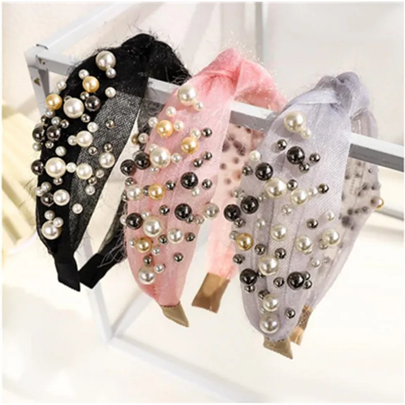 

Pretty Pearls Headband for Women New Hair Accessories Handmade Solid Mesh Hairband Top Bow Knotted Ladies Outdoor Headdress