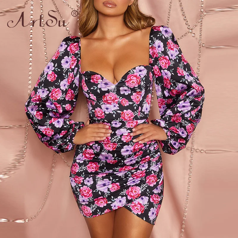 Арцу 2020 Весна Для женщин Фонари рукав Винтаж Цветочный принт вечерние платье с v