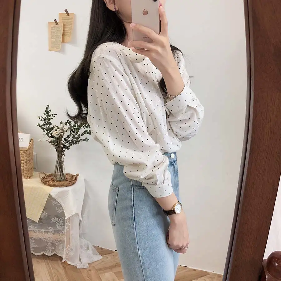 Новинка Весенняя винтажная рубашка в горошек женские топы с длинным рукавом