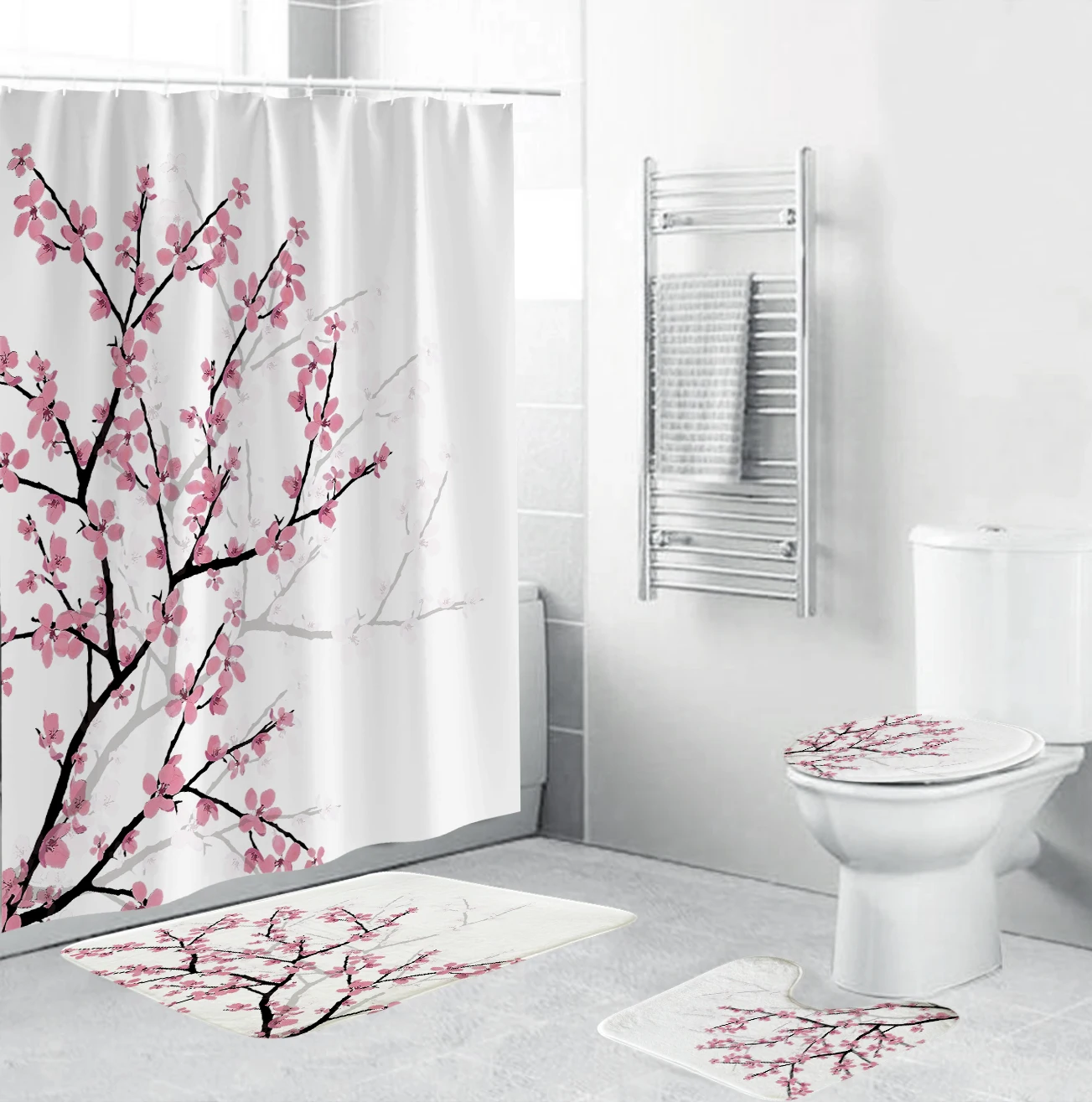 Набор занавесок для ванной комнаты с принтом цветущей сливы Нескользящие