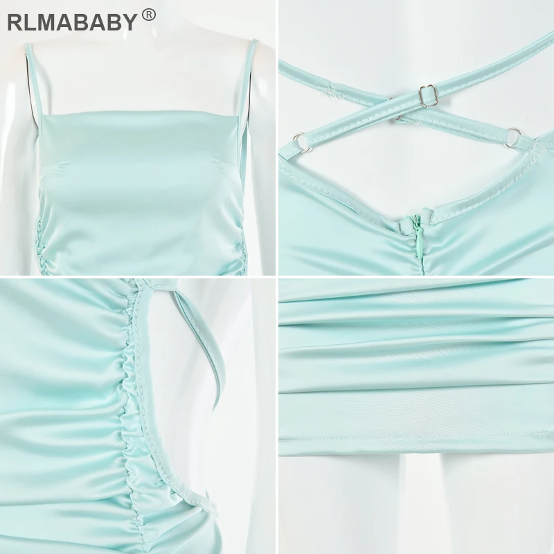RLMABABY, однотонный атлас, Сексуальное мини платье на бретельках, без рукавов, с открытой спиной, женское облегающее платье, летнее Клубное нарядное плиссированное платье