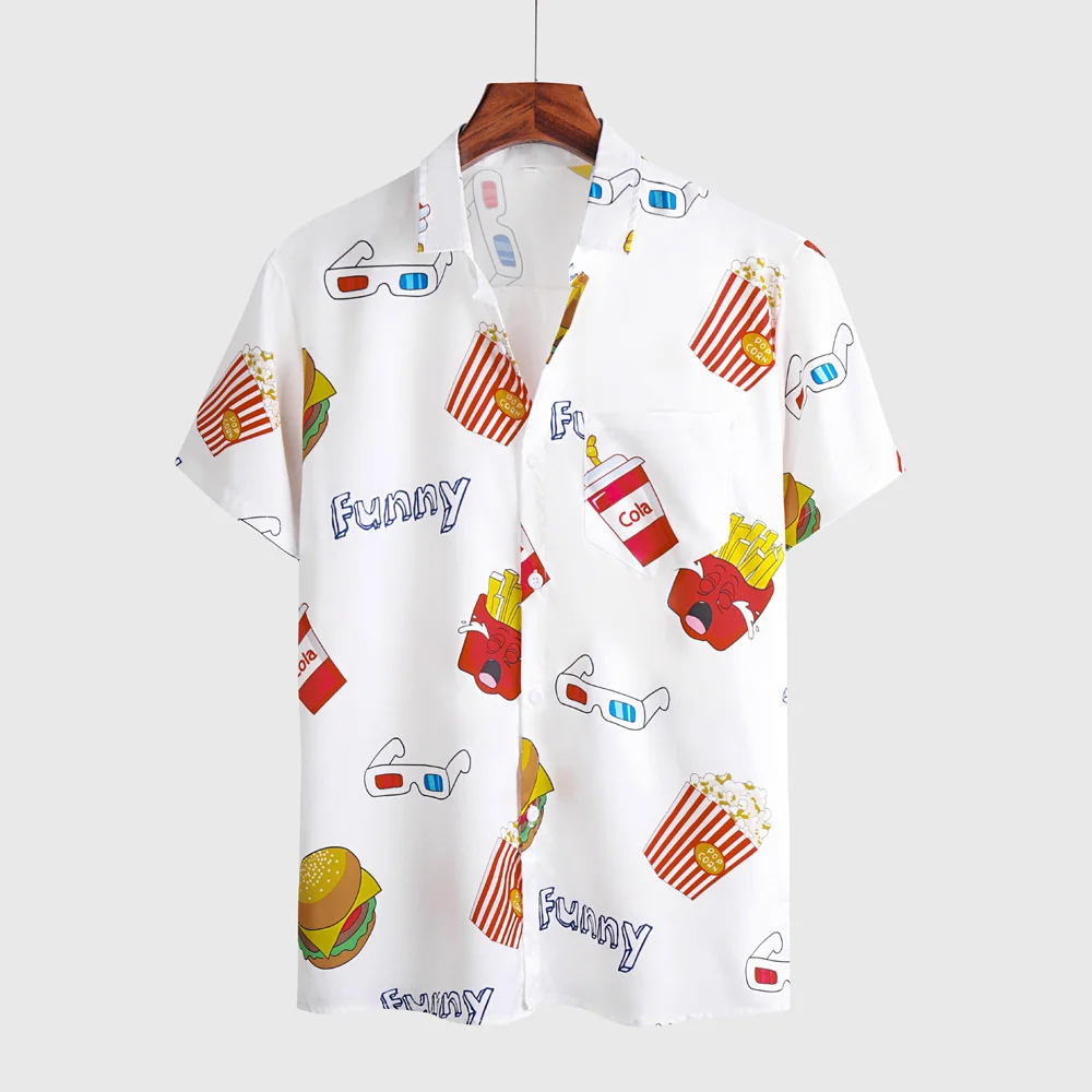 

Summer Hawaiian Cartoon Print Shirt Men's Beach Burger Feather Cartoon Print Short Sleeve Shirt Men's Shirt Tee Top Clothing