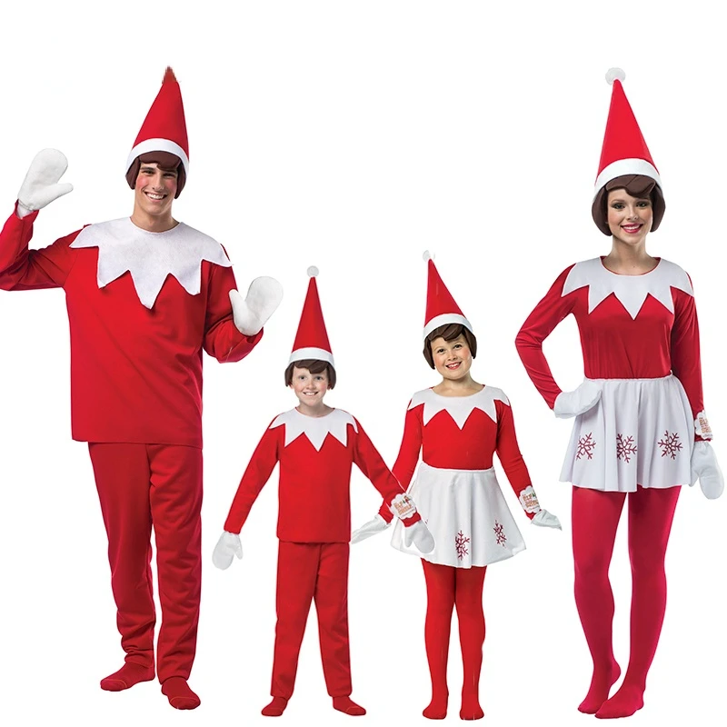 Adult Children Family Christmas Costume Kids Red Elf Cosplay Suit  Parent-Child Lovely New Year Party Cosplay Outfits
