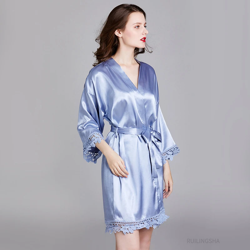 

Summer Silk Satin Bathrobe Plus Size Sexy Kimono Gown For Women Solid Intimate Lingerie Lace Homewear Bath Robe Kimono Robes