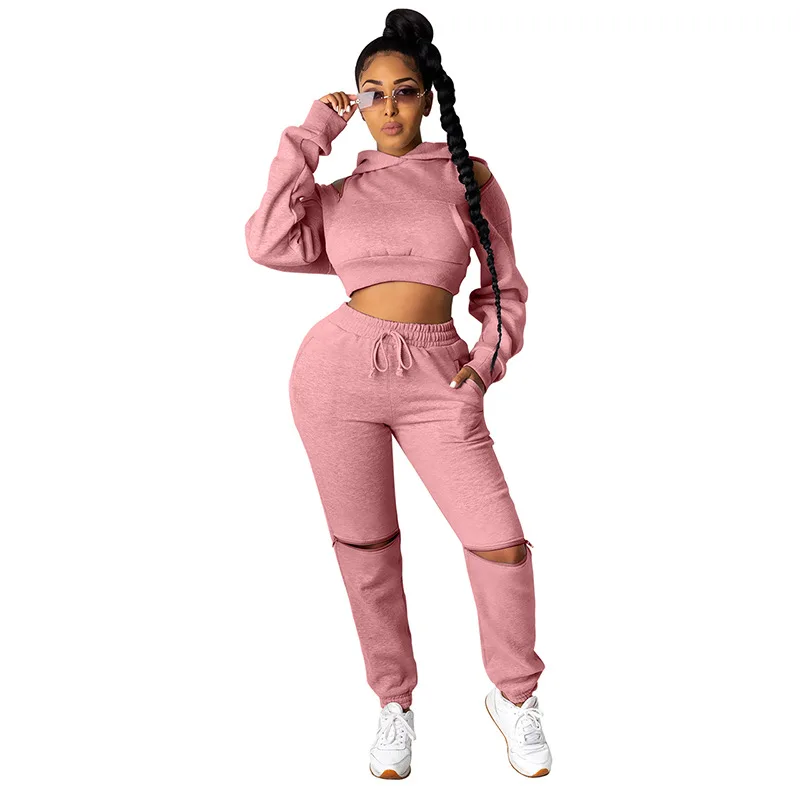 

Casual Women Two Piece Set Off Shoulder Hollow Out Hooded Sweater+ Long Pant Tracksuit Sportsuit Winter Clothes For Women Outfit