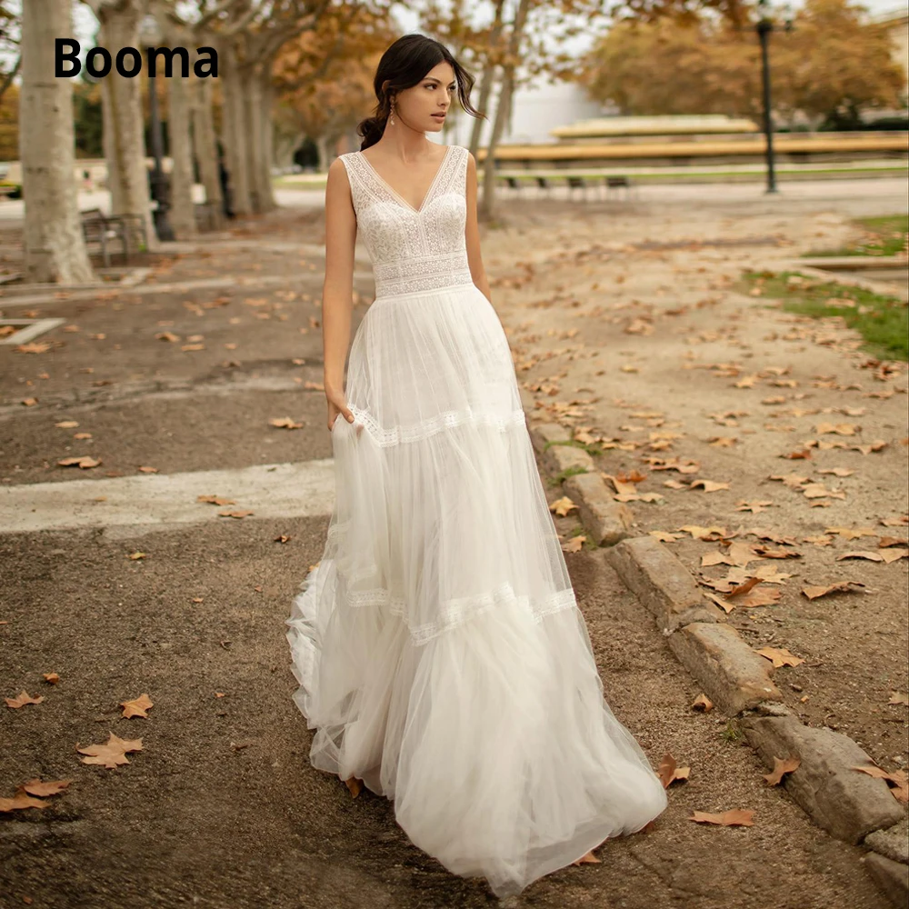 Booma Bohemia ivory Wedding Dresses Lace 2020 Sleeveless Open Back Princess Gown V-Neck Beach Bridal Gowns Plus Size | Свадьбы и