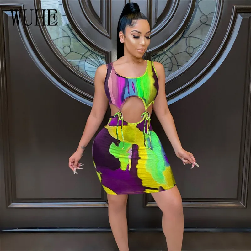 

YEYA Tie Dye Print Bandage Mini Nightclub Party Dresses Square Collar Lace Up Sleeveless Strapless Package Hip Hollow Out Dress