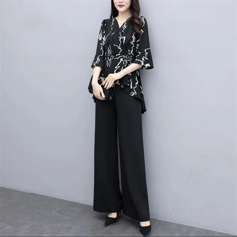 

Women Pants Sets Two-piece Set Loose Printing Pullover Half sleeve Tunic Pattern Casual Blouses And fashion wide-leg Pants Suit