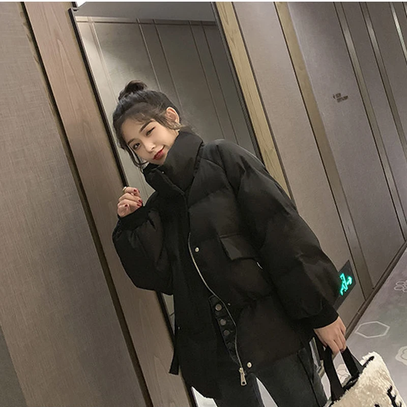 Women's Winter Down Jacket Fashion Solid Stand Collar Short  Coat Korea Style Loose Parkas Ladies Chic Outwear Female Plus Size