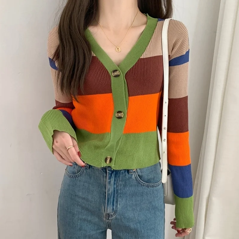 

Ранняя осень, внешний цвет, свитер, маленькое пальто в стиле мори, свитер с длинным рукавом и V-образным вырезом, короткий топ в полоску