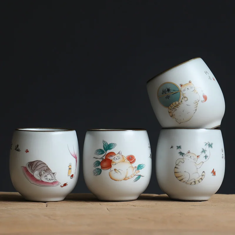 

White Ceramic Tea Cup Cute Cat Chinese Kung Fu TeaCups 100ml