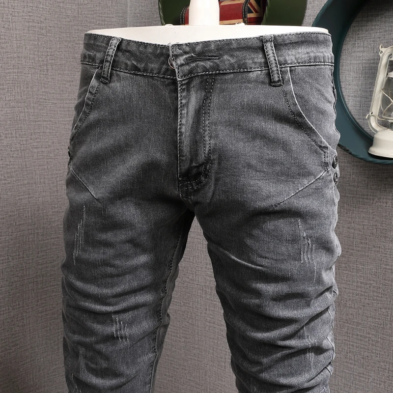 Summer Thin Dark Gray Jeans Men Casual Slim Fit Pencil Pants Mens Streetwear Denim Trousers