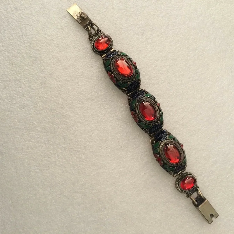 

Лидер продаж, античный китайский старинный тибетский серебряный браслет с инкрустированным Рубином для женщин и мужчин, модные аксессуары