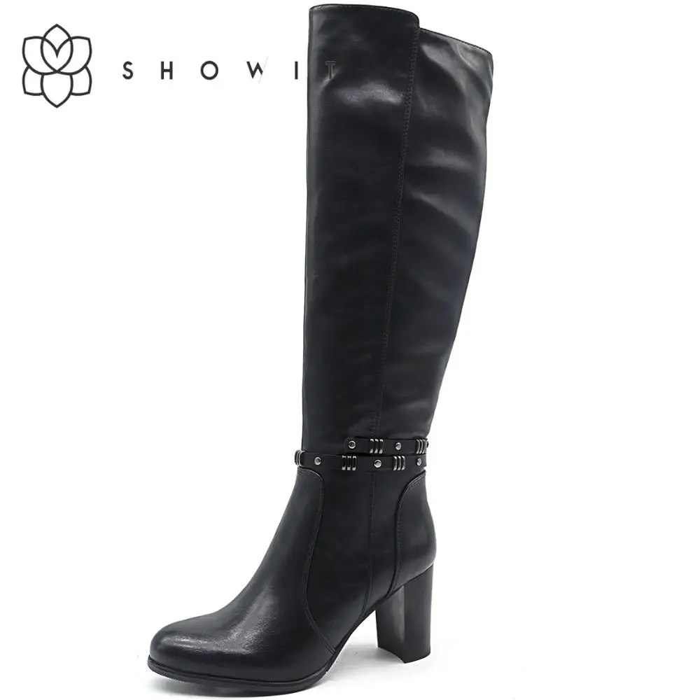 

SHOWIT Women’s Knee High Boots Autumn Fashion Rivet Strap Ladies Boots High-heel PU Basic Footwear Zipper style hoof heel