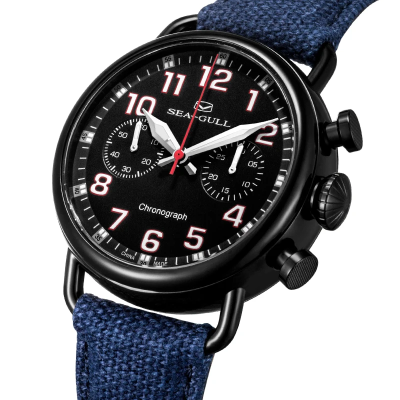 Seagull PVD Black Case Hand Wind Mechanical Chronograph Chinese Military Watch Luminous Arabic Numerals Dial 811.23.5025H | Наручные часы