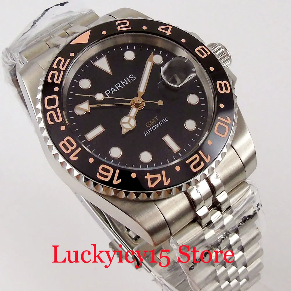 PARNIS Роскошные GMT Механические Мужские наручные часы из нержавеющей стали с
