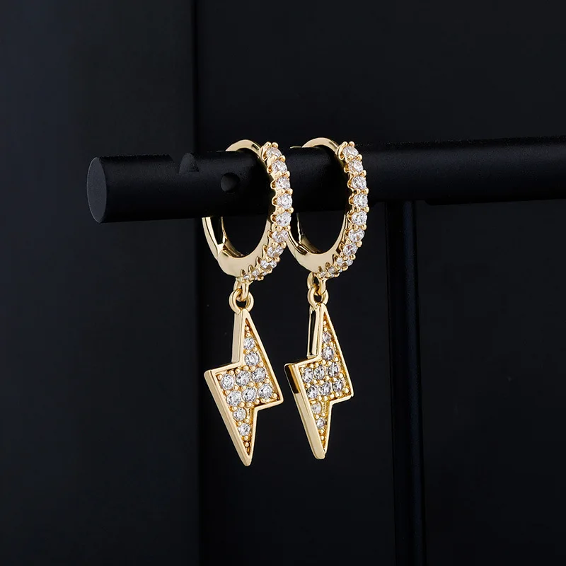 

Fashion Lightning Dangling Hoop Earrings Iced Out Cubic Zirconia Hip Hop Charm Jewelry Gift For Punk Style Women Men Party Gifts