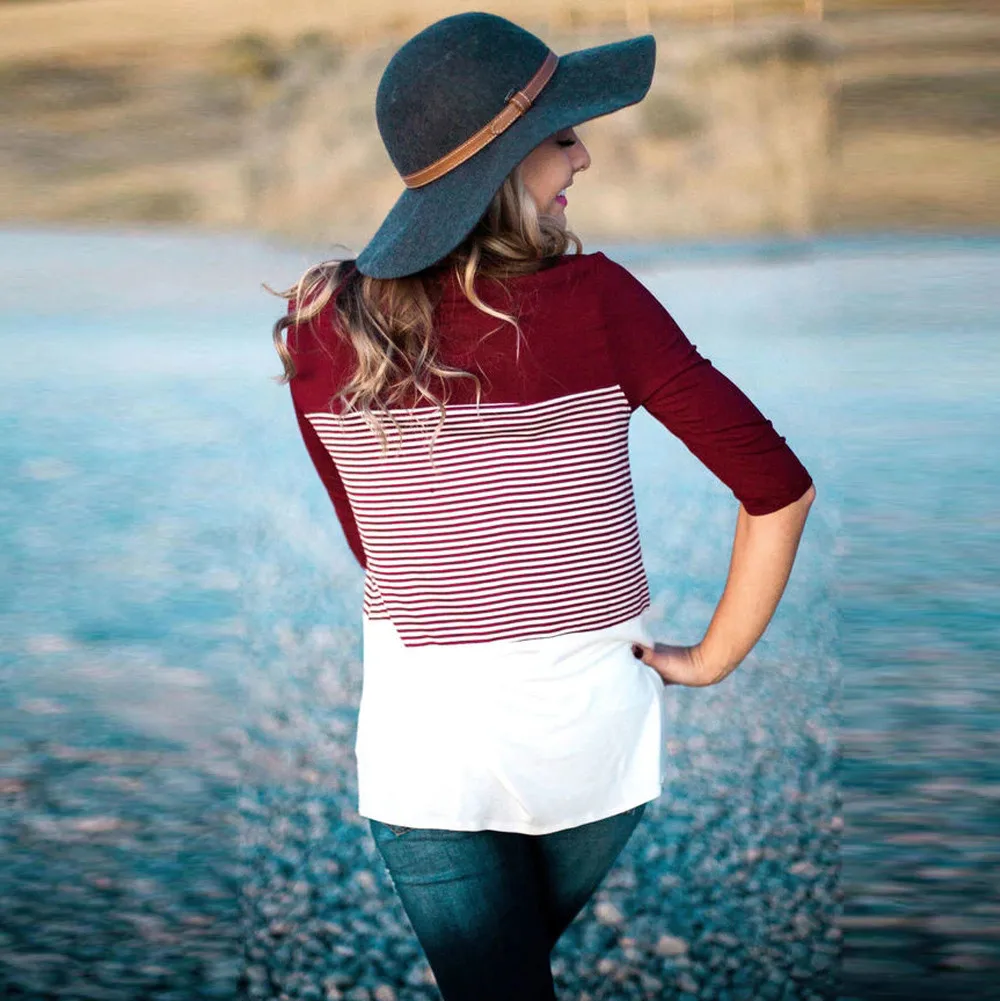 В полоску Женская блузка пэчворк платье с длинным рукавом рубашка Повседневная