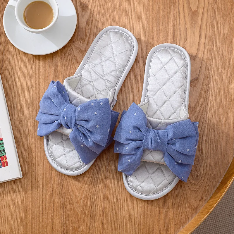 New Home Comfortable Linen Slippers Breathable Indoor Fabric Slippers Silk Big Bow Slippers