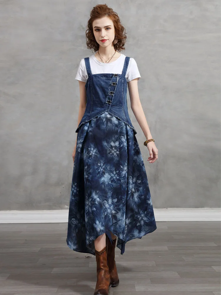

Women Summer Vintage Fashion Niche Design Denim Splice Cotton Linen Hem Dress Lady French Retro Irregular Jeans Dresses
