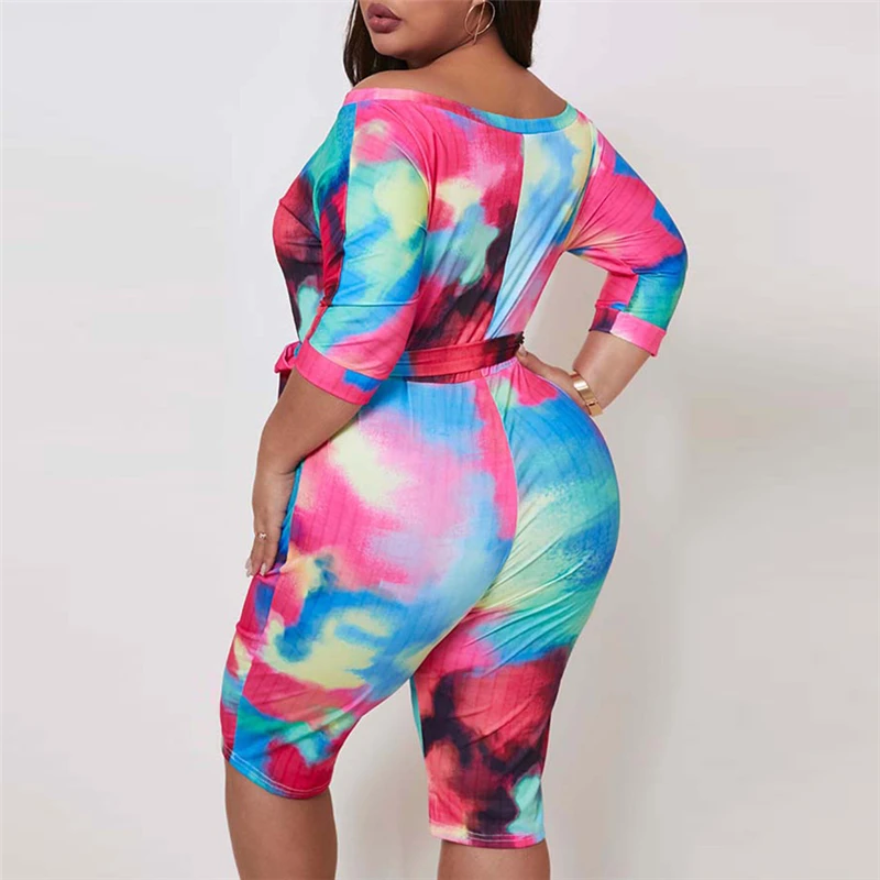 

Summer Womens Plus Size Jumpsuits Short Sleeve Sexy Slash Neck Shorts Jumpsuit Lace Up Jumpsuit Tie-dye Wholesale Drop Shipping