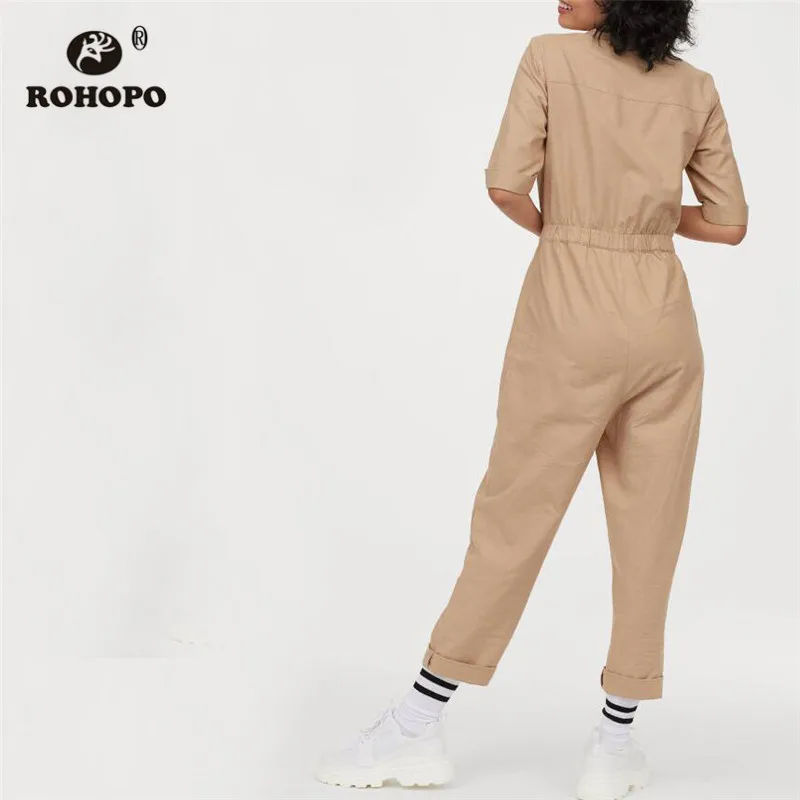 ROHOPO Ruched манжеты с короткими рукавами и лацканами воротник хаки хлопок комбинезон