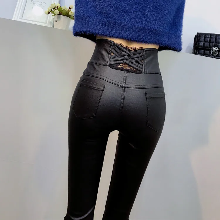 Женские кожаные брюки с высокой талией Осень-зима 2020 новые бархатные леггинсы