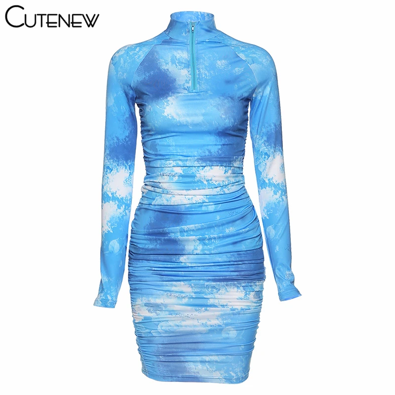

Cutenew Spring New High Quality Printing Turtleneck Bodycon Dresses Woman 2021 Casual Streetwear Pleated Lady Slim Zipper Dress