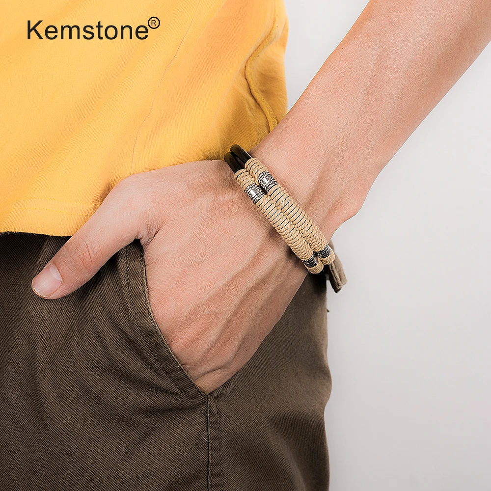 Kemstone двухслойный бежевый веревка обмотки черный кожаный браслет модные