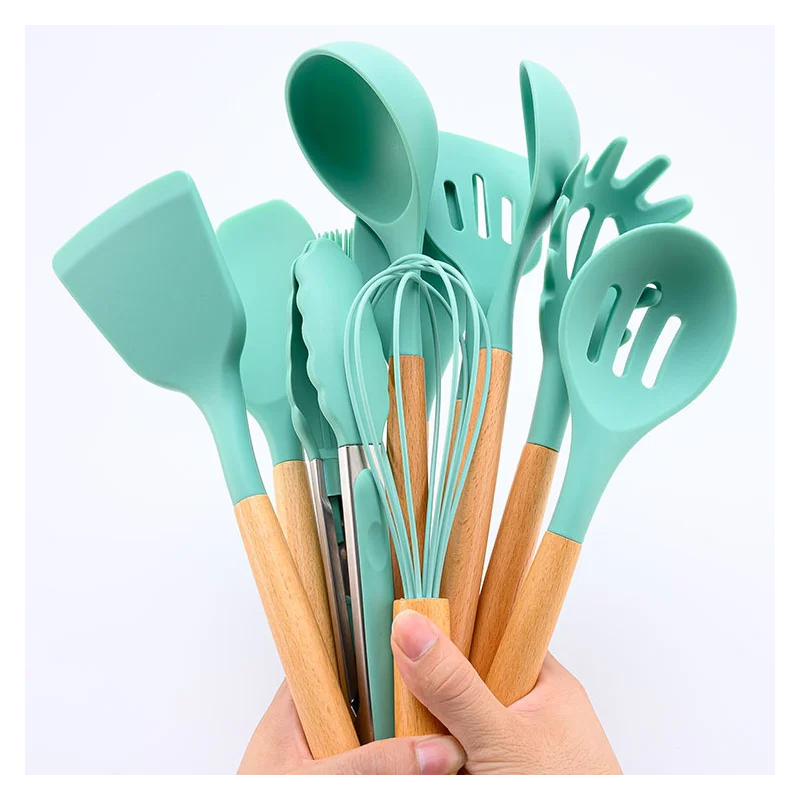 

12pcs Silicone Cooking Utensils Set Non-stick Cookware The Wooden Handle Easy To Clean Egg Beaters Shovel Spoon Soup Kitchen U