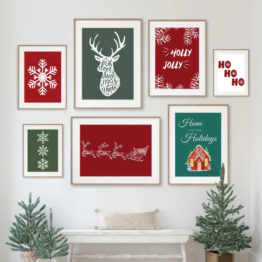 

Рождественская елка, Санта-Клаус, олень; Снежинка, Скандинавское настенное искусство, холст, живопись, плакаты и принты, декор для детской комнаты