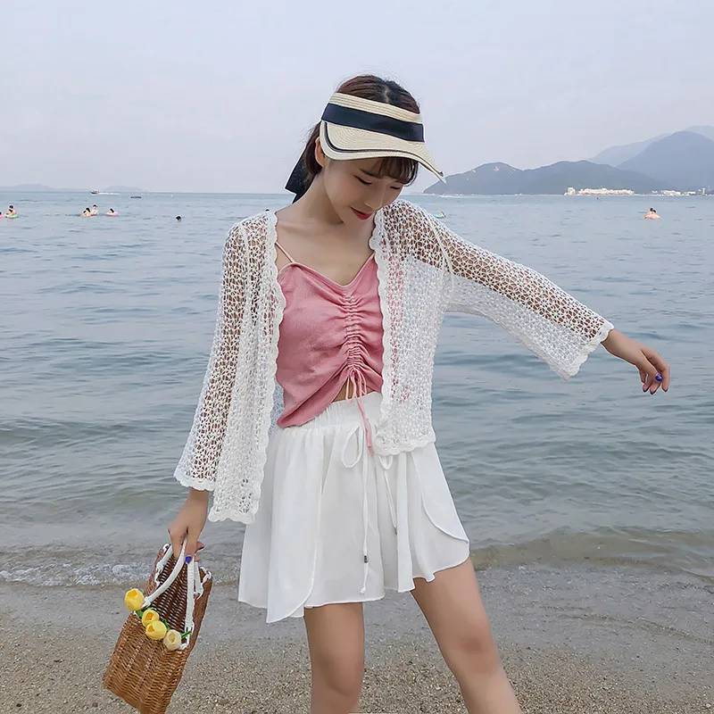 Ажурное кимоно кардиган летние вязаные женские рубашки с длинным рукавом