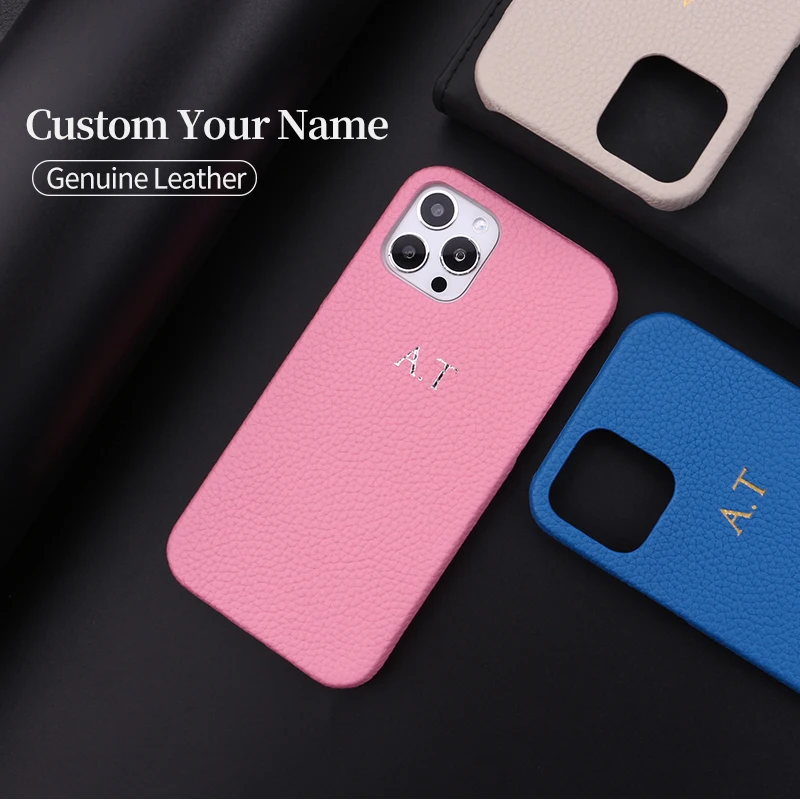 Personalization Initial Name  Luxury Genuine Leather Custom Phone Case For iPhone 11 12 13 14Pro XR Max 7 8Plus DIY Phone Cover