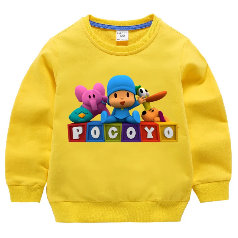 T127O-yellow Детские хлопковые толстовки с капюшоном с принтом Pocoyo, хлопковый пуловер для девочек, топы для маленьких мальчиков, осенняя одежда - Цвет: T127O-yellow