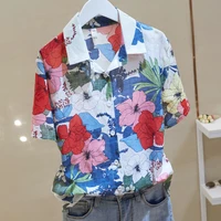 korean fashion clothing 2022 summer retro slim chiffon short sleeve printed shirt womens blouse casual fashion elegant 4xl 2356