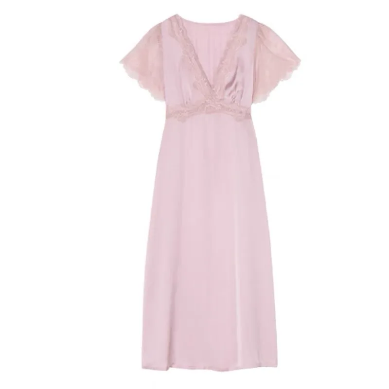 QWEEK Silk Dress Woman Sexy Sleepwear Summer 2021 Nightdress Vintage Lace Nightie Elegant Nightwear Long Nightgowns Pink Nighty