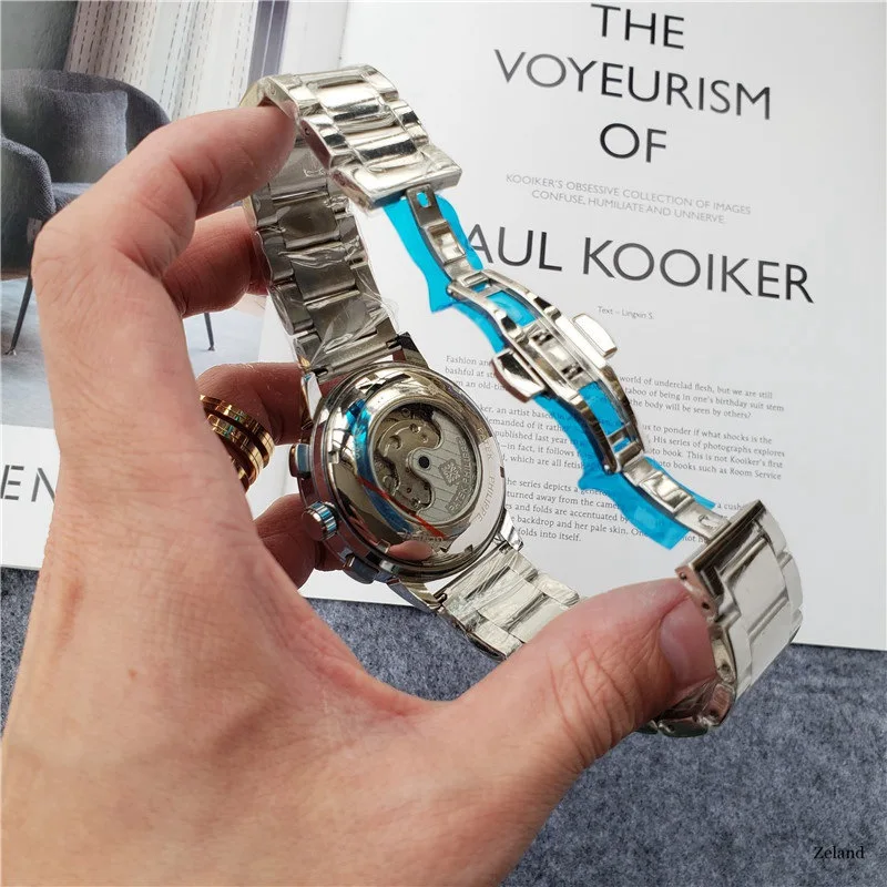 

New Automatic Mechanical Men Watch Silver Blue Stainless Steel Transparent Sapphire Glass AAA Glide Watches 188
