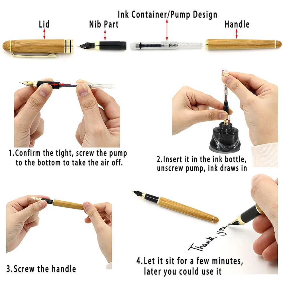 

Medium Nib Fountain Pen Natural Bamboo Writing Pen with Converter and Case (Red Packed)