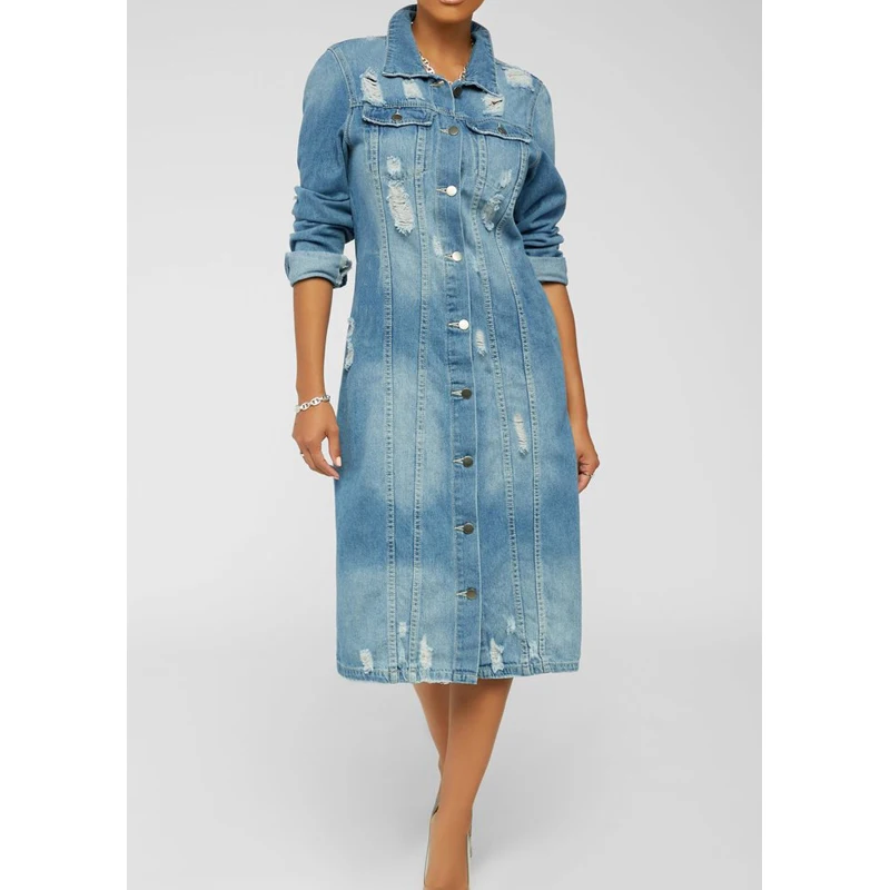 

Women's Long Denim Coats Lapel Turn Down Collar Long Sleeves Ripped Outerwear Spring Autumn Fashion Lady Holes Jeans Jackets