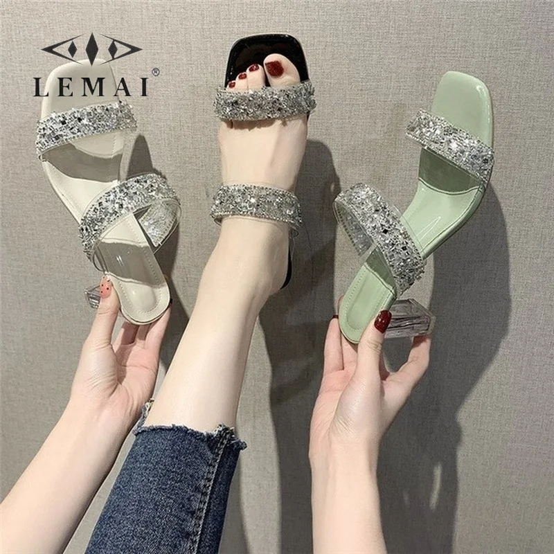 

2021 Summer Sequined Open-toed Crystal Mid-heel Sandals and Slippers Crystal Sandals Square Toe Crystal Slippers