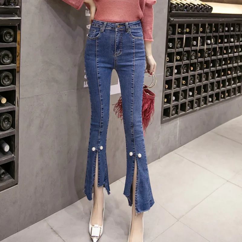 

Spring Stretch Raw Split Cuffs High Waist Bell Bottom Flared 9 Points Length Denim Capri Pants Crop Jeans for Women S M L XL 2XL