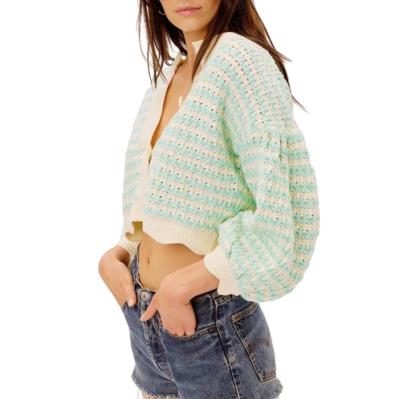 

Cardigan For Women, Match Color Single-Breasted Long Puff Sleeve Knitted Coat for Girls, Apricot Blue